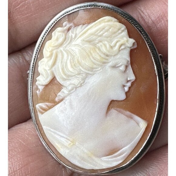VTG Cameo‎ Shell Pendant Brooch 1 3/8" Victorian Lady 800 Fine Silver Italy MCM - Picture 2 of 12